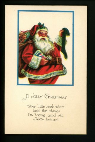 Christmas Santa Postcard Red Suit W/ Toys Doll Drum Stocking U.  S.  A 1961 Vintage