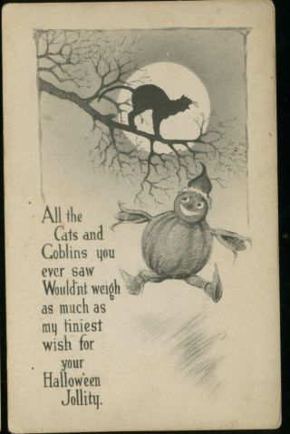 Pumpkin Man,  Halloween Post Card 1912 Black Cat Silhouette