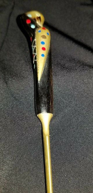 Vtg Solid Brass Letter Opener With Bird Shape Bone Handle W/inlays