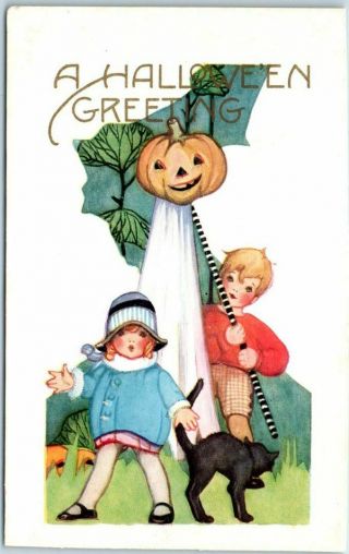 Vintage Whitney Halloween Postcard Boy Girl Jack O 