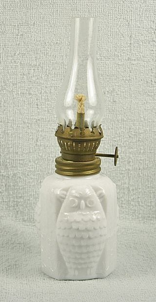Vintage White Opaque Glass Three Owl Miniature Oil Lamp