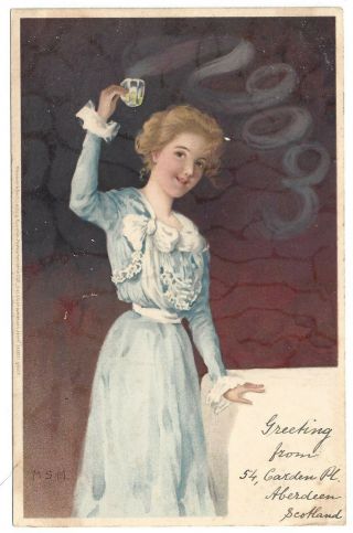 1903 Year Greeting Pretty Lady Women Holding Teacup Postcard Blue Dress