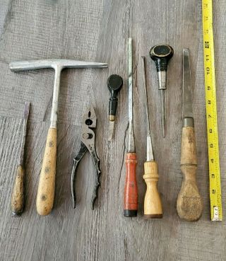 8 Vintage Wood Handled Tools Screwdriver,  Hammer,  Pliers,  Chisels,  Pick Antique