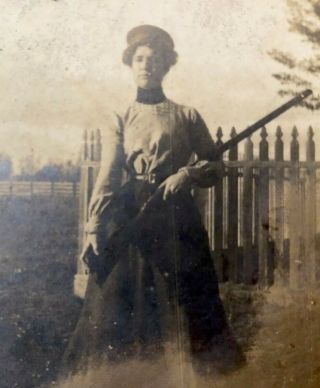 Old Antique Lady With Gun Rifle Shotgun Real Photo Cool Massachusetts
