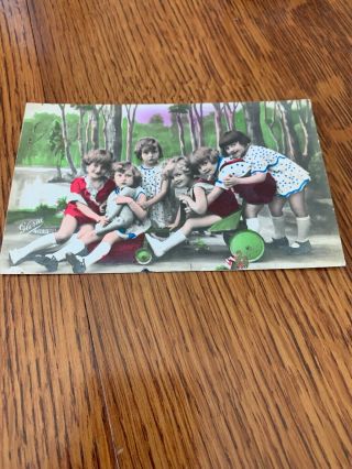 Tinted Rppc Children On A Tricycle 6 Sisters Antique Rppc Postcard Victorian
