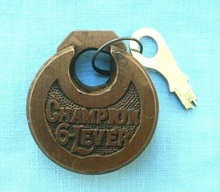 Early 6 Lever Champion Pancake Style Patent Dated 1873 Padlock With Key