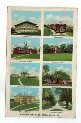 Mo Rolla Missouri Antique 1943 Linen Post Card School Of Mines 8 Mini - Views