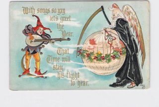 Antique Postcard Years Father Time With Scythe Over World With Jester Playin