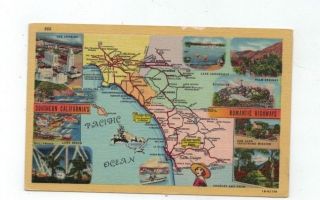 Ca Southern California Antique Linen Map Post Card " Romantic Highways "