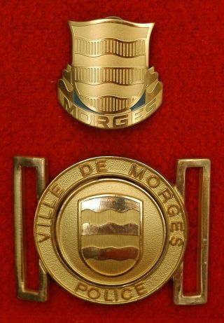 Morges Switzerland Police Hat Badge,  Buckle And Pin