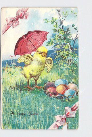 Ppc Postcard Happy Easter Chick With Umbrella Eggs And Ribbons