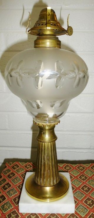 Tall Antique Oil Lamp With Brass Stem