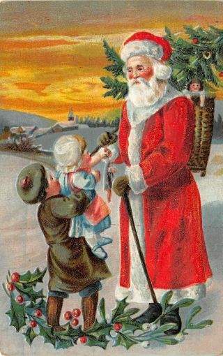 Lp47 Santa Claus Christmas Postcard Red Suit Children