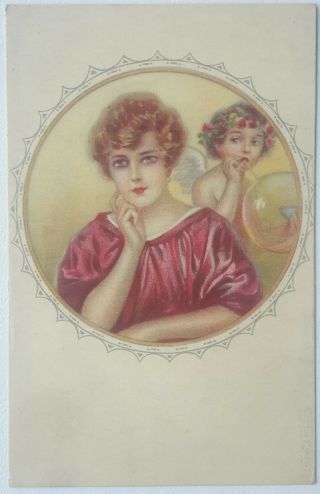 Italian Art Deco Glamour,  Woman Wiith Cupid Blowing Bubbles,  By Colombo,  1918