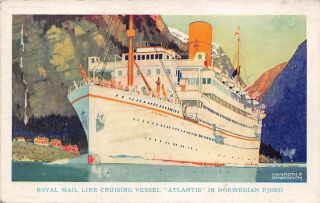 Ss Atlantis In Norwegian Fjord,  Royal Mail Ship Line,  Shoesmith Image C 1930 