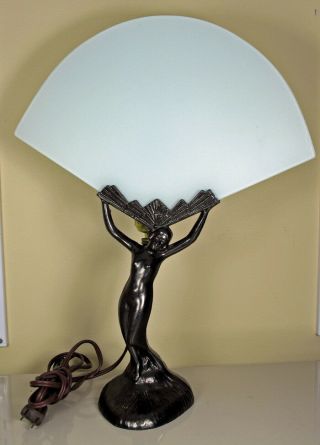 Art Deco Nude Lady Figure Nymph Table Lamp With Glass Shade