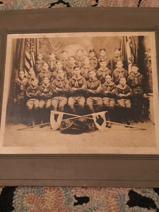 Antique Cabinet Photo Boy Scouts Troop Eagle Panther Flags Hats 12x14” Rare