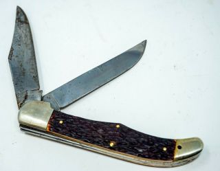 Rare Vintage Brown Jigged Bone 2 Blade Knife - Sword And Shield - Solingen Germay