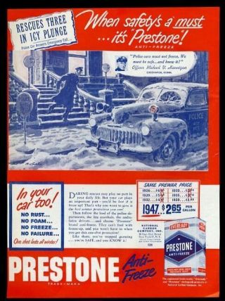 1947 Greenwich Connecticut Police Cop Car Art Prestone Anti - Freeze Print Ad