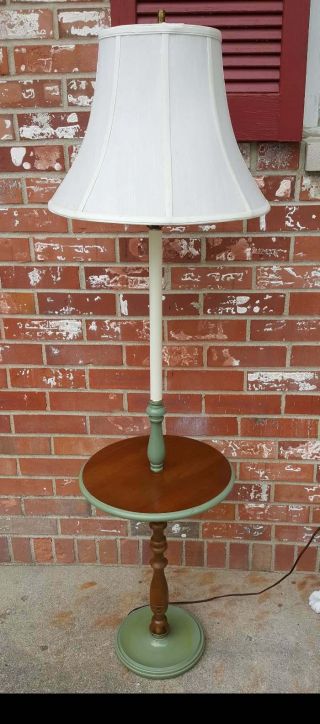 Vintage Floor Lamp Side Table Wood & Green Painted Cast Iron Base