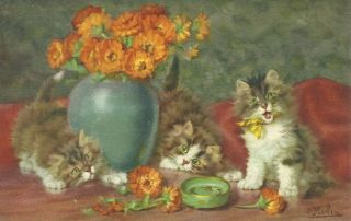 Fluffy Kittens Cat Artist Signed Daniel Merlin 1910 Postcard