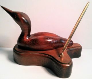 Vintage Carved Wooden Duck Executive Pen Holder With Gold Pen -
