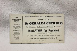 Vintage 1948 Vote For Dr Gerald I.  Cetrulo - Macarthur For President Blotter Card