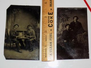 2 Antique Tintype Photographs 2 Men Playing Cards In A Bar & 2 Men Posed Tophats