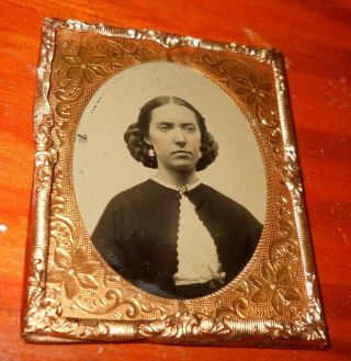 Antique 1/9th Plate Tintype Photo Of Lady In Brass Frame
