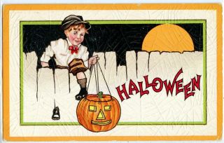 1915 Halloween Postcard Boy Moon&jack O Lantern Series 90e Spider Web Embossed