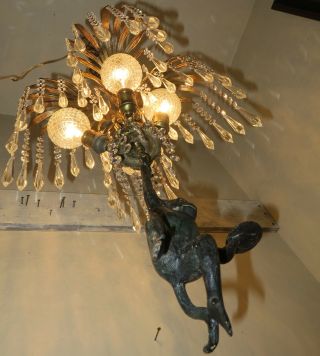 Monkey Chandelier crystal Palm frond tree brass bronze swag lamp Prisms beads 11