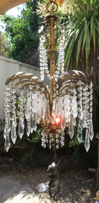 Monkey Chandelier crystal Palm frond tree brass bronze swag lamp Prisms beads 2