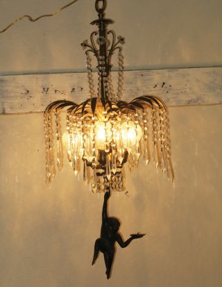 Monkey Chandelier crystal Palm frond tree brass bronze swag lamp Prisms beads 4