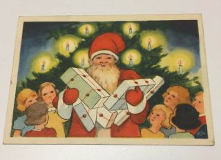 Vintage Swedish Mini Postcard Gnome Santa Claus Children Tree Candles