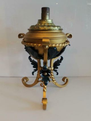 Antique Vintage Wrought Iron Font Oil Lamp Gold W/ Flowers Burner Made In Usa