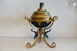Antique Vintage Wrought Iron Font Oil Lamp Gold w/ Flowers Burner Made in USA 7