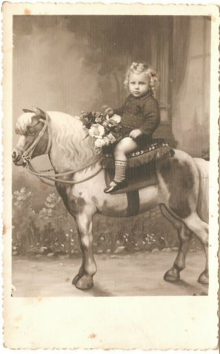 Vintage Photo Young Girl On Antique Primitive Rocking Horse Qwq