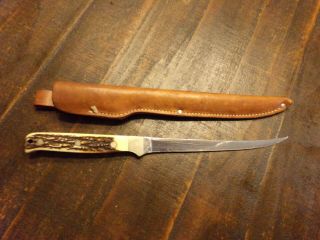 Vintage Uncle Henry Schrade,  167 Usa Fillet Knife W/ Leather Sheath Stag Handle