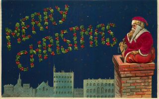Christmas Postcard Red Silk Santa Claus On Chimney - In 192?
