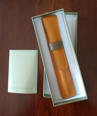Levenger Leather Single Pen Case Holder Tan W/ Brown Band/beige Stitch