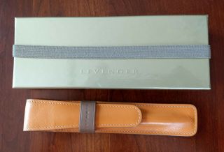 Levenger Leather Single Pen Case Holder Tan w/ Brown Band/Beige Stitch 3