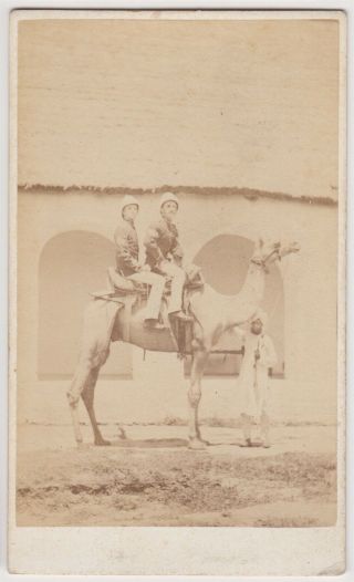 Military Cdv - India,  Two Soldiers On A Camel With Indian Helper By Oscar Mallitte