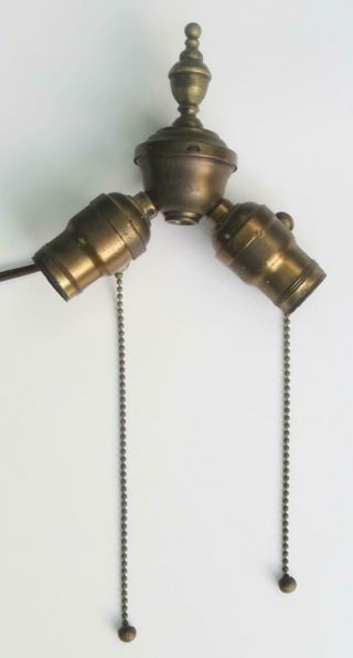 VTG Antique Art Deco Brass Finish 2 Socket Cluster Pull Chain Table Lamp Parts 3