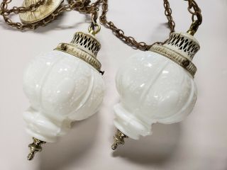 Mid - Century Double Swag Hanging Light,  Milk Glass Globes