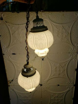 Mid - century Double Swag Hanging Light,  Milk Glass Globes 6