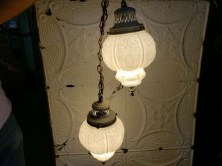 Mid - century Double Swag Hanging Light,  Milk Glass Globes 7