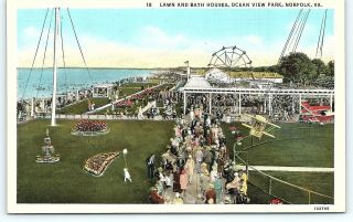 Postcard Va Norfolk Ocean View Amusement Park Lawn & Bath Houses & Rides Defunct