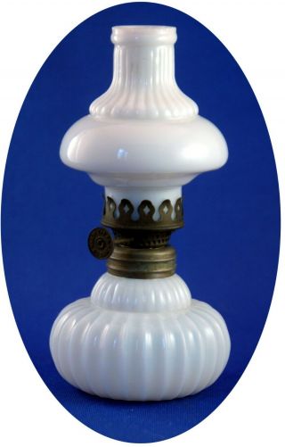 Scarce Antique Ribbed White Milk Glass Miniature Oil Lamp S1 - 176