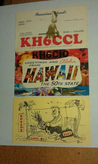 1961 - 4 Hawaii Islands Hula Dancer Large Letter Pinapple Radio Operator 3 Qsl Pc