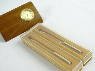 Vintage Red Gum Desk Clock & 2 Exotic Timber Ballpoint Pens Tasmanian Pine